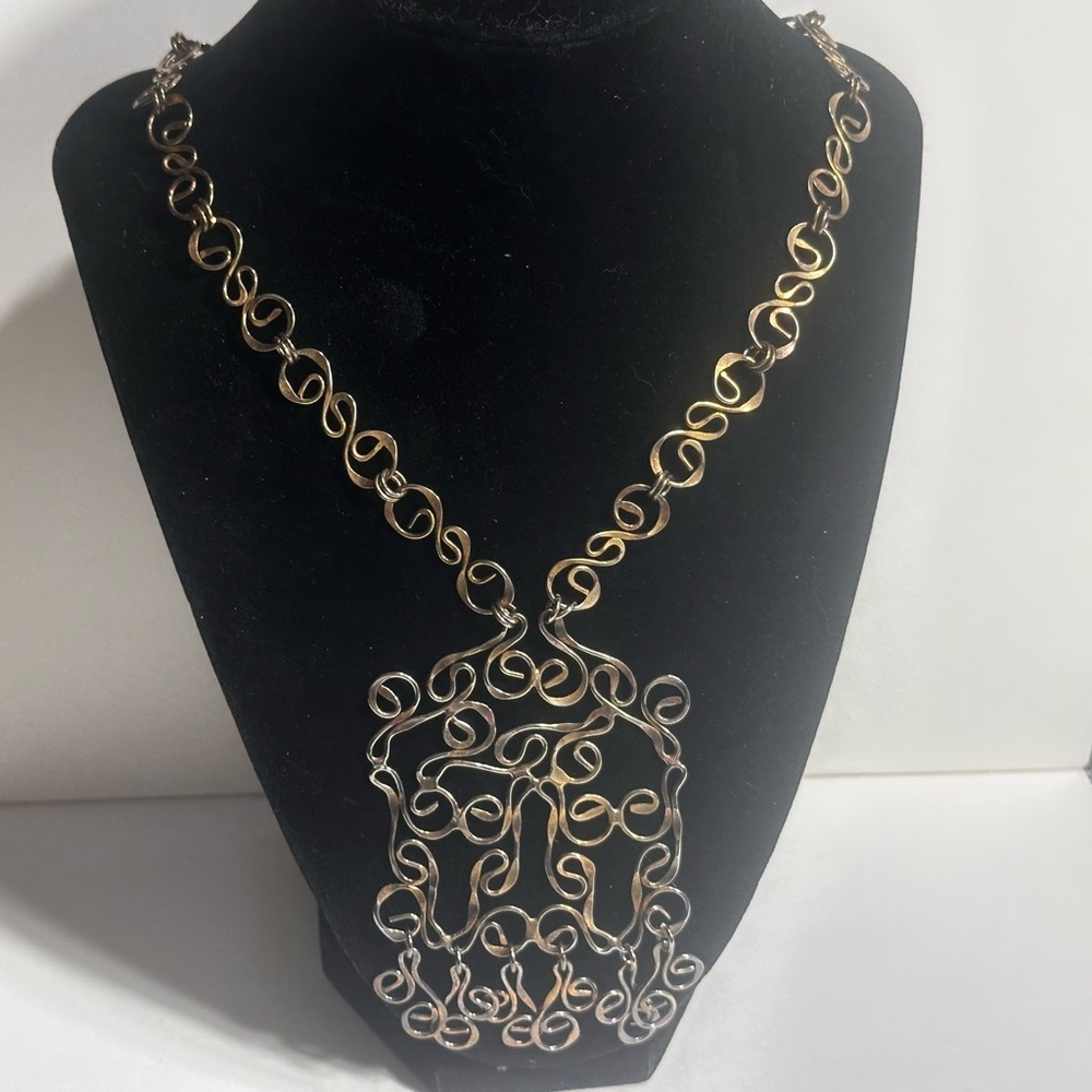Twisted Wire Pendant Statement Necklace Unique Scroll Design Multi Color Metal
